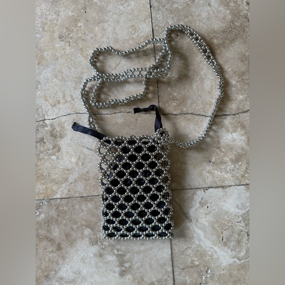 Ladies, black and silver beaded iPhone holder long purse handle top fasten. - Picture 7 of 13